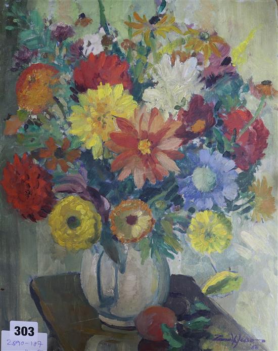 Edward Wesson, oil on board, Still life of flowers, signed and dated 50 40 x 32cm unframed.